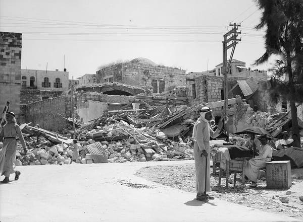 Photographic view of the rubble in Jenin after a quarter of the town was dynamited by British forces in 1938, as a retaliatory attack after a British official was assassinated