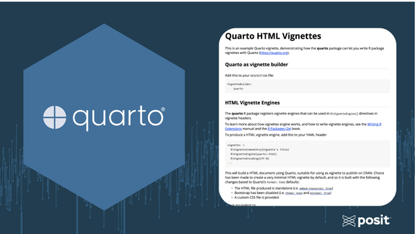 The quarto hex logo next to a screen show of the Quarto HTML Vignettes vignette, which describes how to use the Quarto vignette builder. The Posit logo is in the corner.