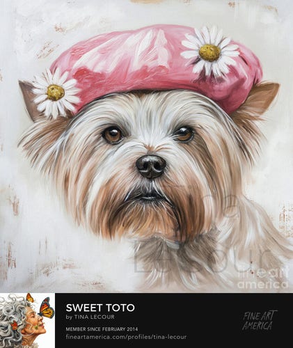 This is a painterly portrait of an adorable Yorkshire Terrier named Toto wearing a pink beret with two white daisy flowers and a white texutred background. 