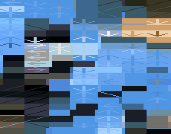 An abstract character art image consisting of a series of directional arrows and similar symbols horizontally stretched into thin strips and rendered in a primarily blue palette with darker areas and a single area in a sandy yellow palette. The overall impression is of an Atari computer from the 1980s having gone terribly wrong. 
