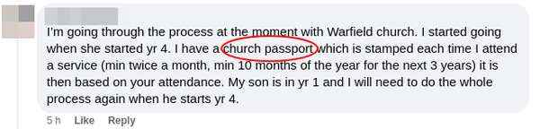 Facebook comment :

"I'm going through the process at the moment with Warfield church. I started going when she started yr 4. | have a church passport which is stamped each time I attend a service (min twice a month, min 10 months of the year for the next 3 years) it is then based on your attendance. My son is in yr 1 and I will need to do the whole process again when he starts yr 4." 