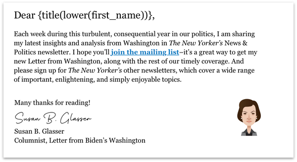 Screenshot of email from mailing list addressed to

	Dear {title(lower(first_name))},