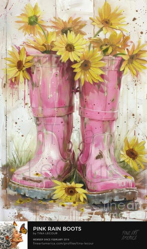 This is a painting of a pair of pink garden boots filled with yellow daisy flowers.