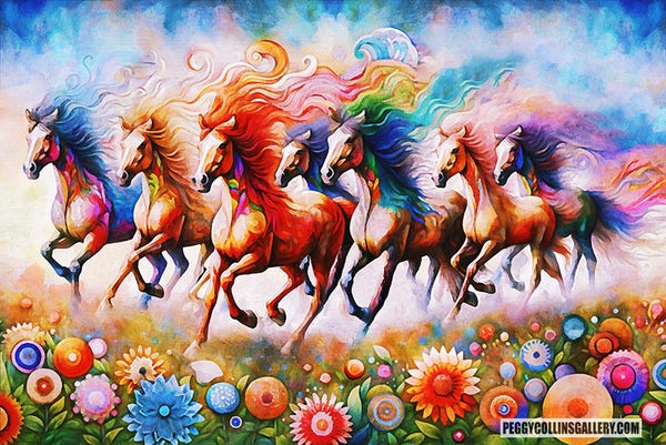 Colorful artwork of a herd of wild horses running through a field of whimsical flowers, by artist Peggy Collins.
