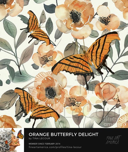 This is a mixed media botanical image of three orange butterflies fluttering around with a botanical floral peony background in shades of orange, gray and green. 