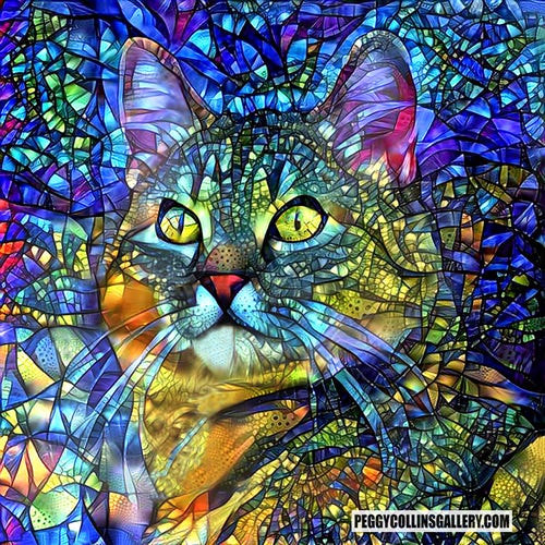 Colorful artwork of a tabby cat with a stained glass look, by artist Peggy Collins.