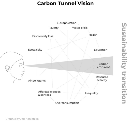 Diagram titled "Carbon Tunnel Vision" showing 13 interconnected categories that impact well-being and sustainability (overconsumption, inequality, etc.) with a person focusing exclusively on carbon emissions.