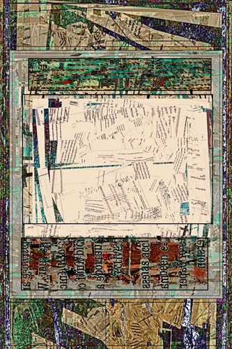 At the centre of the composition is small text and lines on overlapping pages. The outer portion of the asemic poem features large text that is stretched out or randomly aligned.