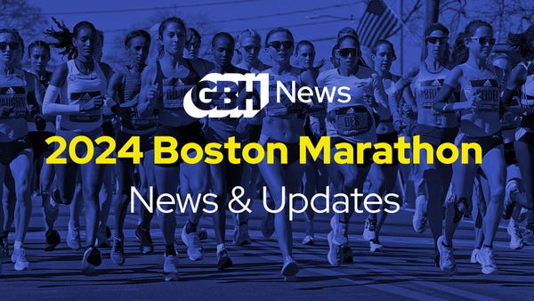 A field of runners with a blue-tinted background. Text on screen reads GBH News 2024 Boston Marathon News & Updates