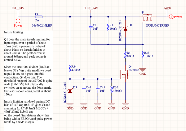 Inrush limiting circuit. A 24V supply is fed through a 2A fuse into a PFET with an RC network on its gate. The gate is also pulled down by an NFET with a separate RC network on its gate.

Q1 does the main inrush limiting for input caps, over a period of about 10ms (with a pre-inrush delay of about 10ms, so inrush finishes at about 20ms). The peak current is around 365mA and peak power is around 3.4W. 

Since the 10k/100k divider (R1/R4) leaves Q1's Vgs quite small, we need to pull it low so it goes into full conduction. Q4 does this. The threshold range of the 2N7002 is quite wide (1.0-2.5V) but it typically switches on at around the 70ms mark. Earliest is about 40ms, latest is about 150ms. 

Inrush limiting validated against DC bias of 1uF cap (0.81uF @ 24V) and assuming 2x 4.7uF 3mΩ MLCCs + 47uF 27mΩ hybrid cap 
on the board. Simulations show this being within FBSOA and pulse power limits by a wide margin. 