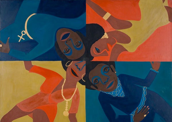 Painting in a four-part grid with four Black women lying on their backs and looking up smiling, with two in blue and two in orange and yellow
