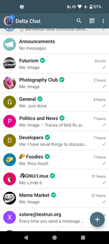 A chat list of an anonymous community with 1-member groups:
Futurism
Politics and news 
Photography club 
Developers 
Foodies
Gnu Linux 
Meme market 
Anime and manga 
Cubans 



