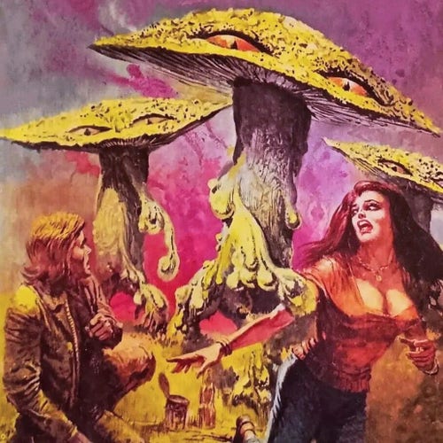 Two huge maybe 8 foot tall mushroom creatures chasing a brunette woman and a blonde man. Old pulp style art. 
