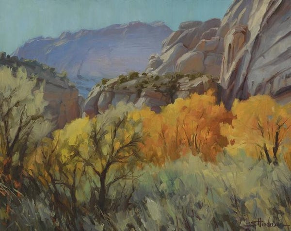 Art print of an original oil painting depicting autumn foliage at Capitol Reef National Park, Utah.