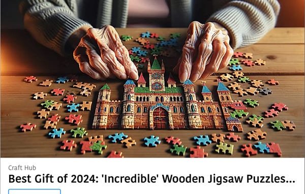 It’s an ad by Craft Hub for wooden puzzles. 
There is a very colorful jigsaw puzzle of a castle being put together by a pair of hands that appear so bony with skin so wrinkled they don’t look real. At all.