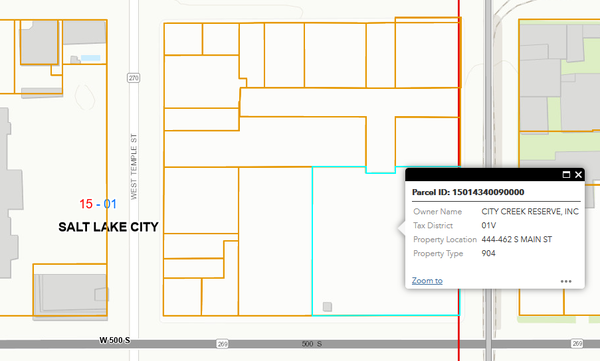 A parcel map of the block of Salt Lake City between West Temple, Main, 4th South, and 5th South. It is divided into a bunch of small parcels, but they are all owned by City Creek Reserve, Inc.