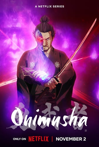 Poster de Onimusha, con Musashi poniéndose el guantelete oni y un leve adelanto de su forma oni.