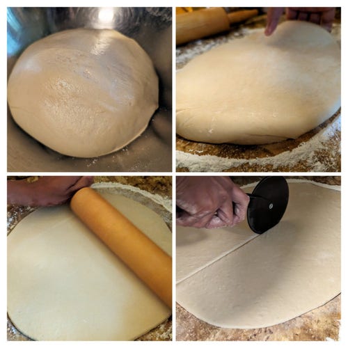 4 pics: dough ball in steel bowl, dough thick rolled and about to be flipped, dough being rolled with a rolling pin, rolled out dough being cut with a pizza cutter wheel