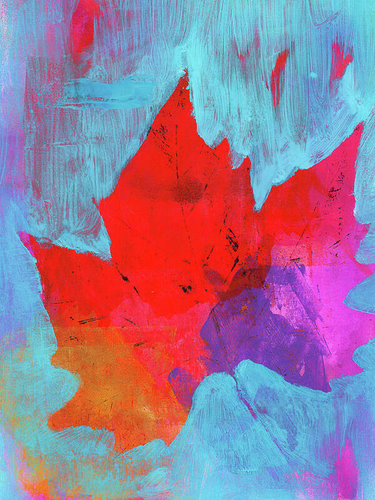 Big colorful leaf is an acrylic painting in portrait format painted by the artist Karen Kaspar.  A single large leaf of a Plane tree is blown across the sky by the autumn wind. The background is painted abstractly in light blue tones. The foliage glows in strong warm fall colors of gold, orange, red, pink and purple. The colors of the foliage keep shimmering through the blue of the sky in the background. The leaves of a Plane tree are similar in shape to the leaves of the Maple tree, but can be significantly larger.
The Plane tree is also known as Platanus or Sycamore tree.