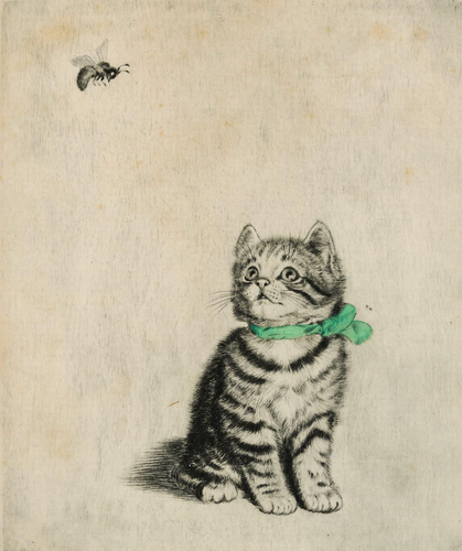 Highly detailed etching of a shorthaired tabby kitten wearing a light green ribbon around its neck. It is looking up with rapt attention at a bees that is buzzing overhead. The background is blank, just off-white paper somewhat yellowed with age.