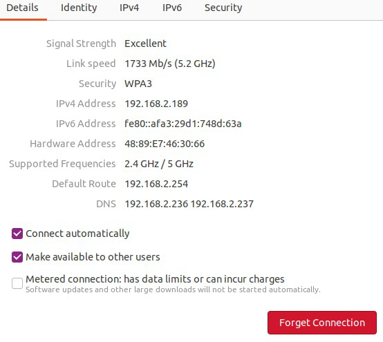 Network Manager screenshot showing wifi speed and IP settings