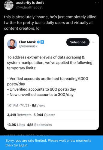 Tweet from Elon Musk about rate limiting the amount of tweets that can be read per day