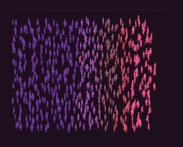 A simulation of hundreds of figures, ranging from purple to pink, with one pink figure standing out among the purple with an arrow marker above pointing at that pink figure.