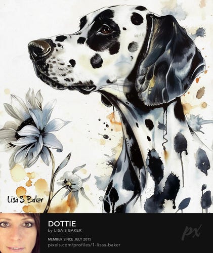 Dalmatian dog is depicted in profile with distinctive black spots on its white coat. Splashes of watercolor and abstract elements surround the dog, creating an artistic background along with a large flower and smaller ones nearby.