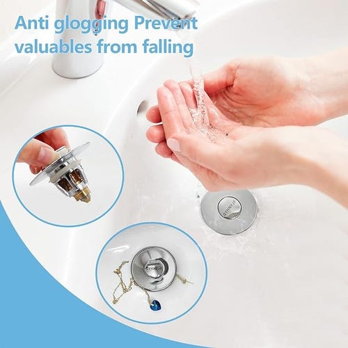 A product image showing a sink plunger, someone washing their hands, and a necklace saved from going down the drain by the plunger.

The text says "Anti glogging Prevent valuables from falling"