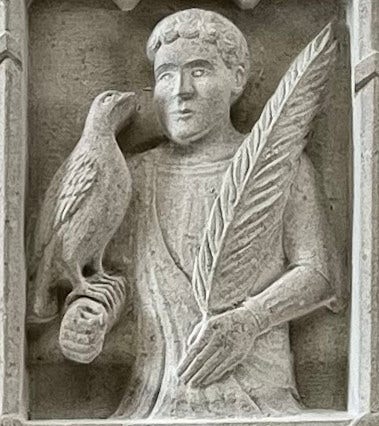 St John in the new stone sculpture by Cardozo Kindersley Workshop, with the eagle standing on St John’s fist.