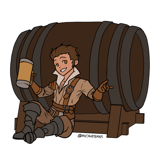 Chibi illustration of Cayden Cailean sitting back against a keg and raising a beer mug