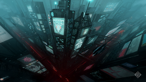 A foggy cyberpunk city seen from above, full of ads, with a lonesome flying car passing by. It has a very cold and unfriendly atmosphere, with red accents that give a hint of danger and frenzy. 