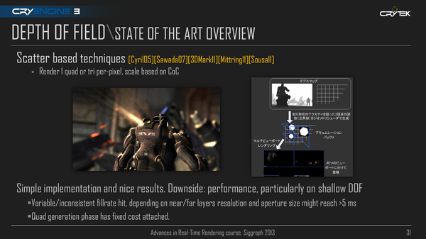 Slide named "depth of field, state of the art overview" from the presentation "Graphics games from CryEngine 3".
