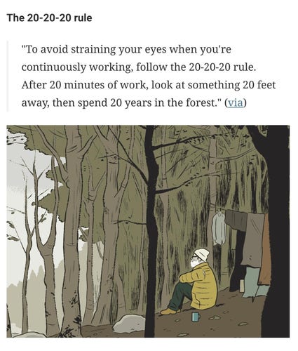 A drawing of someone in a forest. Above it you can read : 

The 20-20-20 rule "To avoid straining your eyes when you're continuously working, follow the 20-20-20 rule. After 20 minutes of work, look at something 20 feet away, then spend 20 years in the forest."