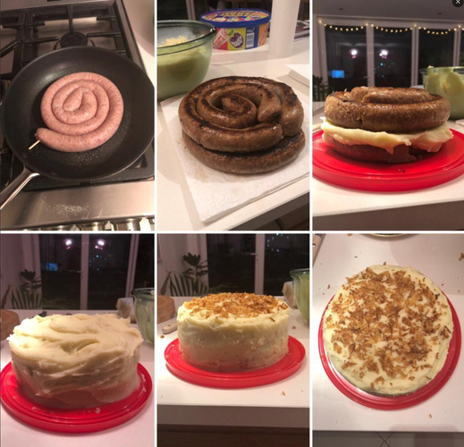Six photos showing someone cooking a sausage and that being the "layers" of an iced cake covered in frosting to hide the fact.