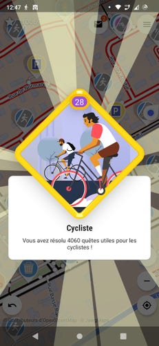 badge cycliste avec le texte :
Vous avez résolu 4060 quêtes utiles pour les cyclistes !