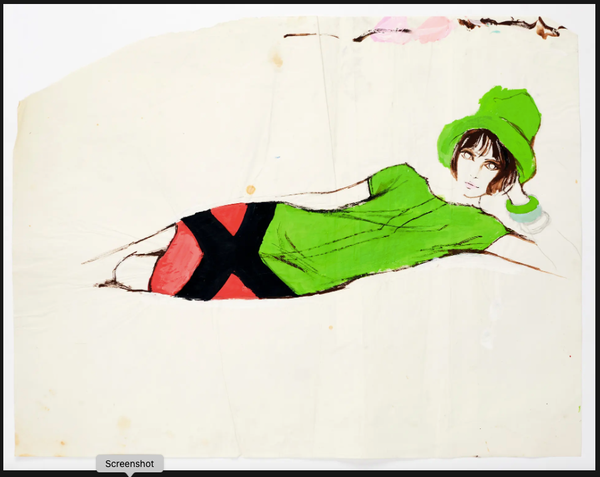 Barbara Hulannicki sketch of a women reeling (with not furniture indicated, just implied) in a dress with a green upper body & red & black lower section, wearing a matching green hat. The figure is in the classic reclining female pose beloved of artists across the centuries 