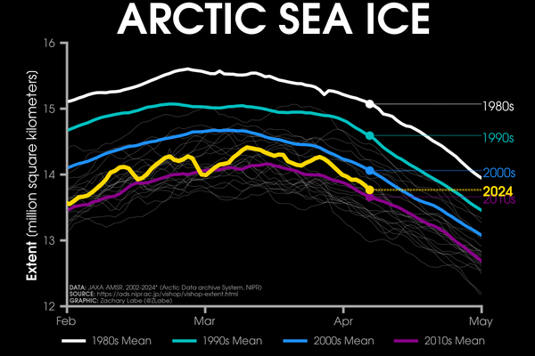 Line graph time series of 2024's daily Arctic sea ice extent compared to decadal averages from the 1980s to the 2010s. The decadal averages are shown with different colored lines with white for the 1980s, green for the 1990s, blue for the 2000s, and purple for the 2010s. Thin white lines are also shown for each year from 2002 to 2022. 2024 is shown with a thick gold line. There is a long-term decreasing trend in ice extent for every day of the year shown on this graph between February and May by looking at the decadal average line positions.