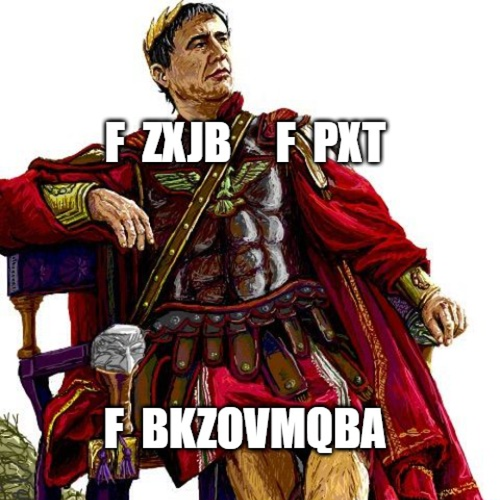 The image of Julius Caesar with the text: "F zxjb F pxt F bkzovmqba" which, in Caesar cipher translates to "I came I saw I encrypted"