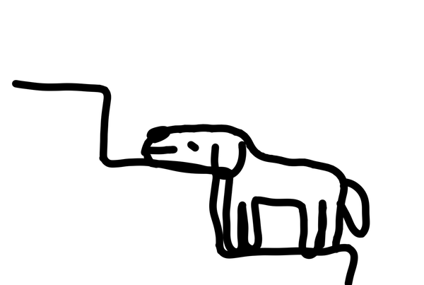Terrible phone drawing with a thick black line on a white background. Steps seen in side profile. A dog is standing on the bottom step, and it is just the right height to lazily rest its head on the next step up. 