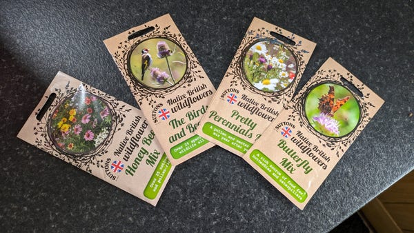 Four packets of different native British wildflower seeds on a dark counter top. The mixes are Honey Bee, The Bird and The Bees, Pretty Perennials and Butterfly.