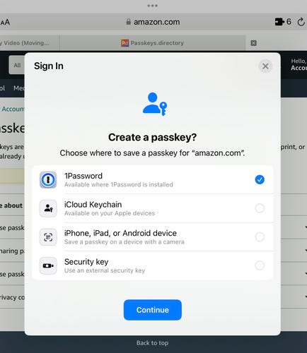 Screenshot from the Amazon website, showing a Passkey creation pop-up that lets you choose among multiple ways to create and save the Passkey