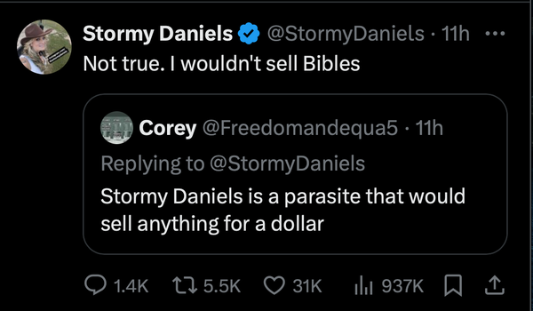 Original post on X where Stormy Daniels replies to a critic.
Corey @Freedomandequa5
Replying to @StormyDaniels
"Stormy Daniels is a parasite that would sell anything for a dollar."

Stormy Daniels @StormyDaniels
"Not true. I wouldn't sell Bibles"

