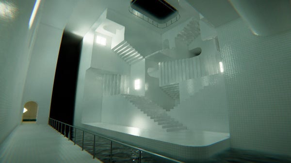 A white tiled room with a strip of water railed off.  On the other side of the water is an MC Escher inspired staircase labyrinth.  An archway leads off in the distance.