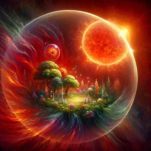 Garden in bubble with swirling red glow and red giant sun in the distance