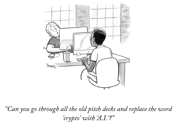 Cartoon of two office workers, with one asking the other "Can you go through all the old pitch decks and replace the word 'crypto' with 'AI'?"