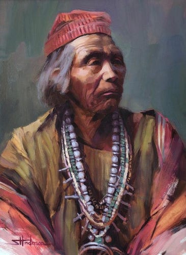 Art print of an original oil painting by Steve Henderson of an indigenous Navajo medicine man from the early 20th century.