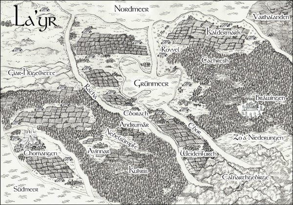 Eine von Hand gezeichnete Fantasylandkarte, mit digital eingefügten Schriftzügen, in schwarz-weiß.