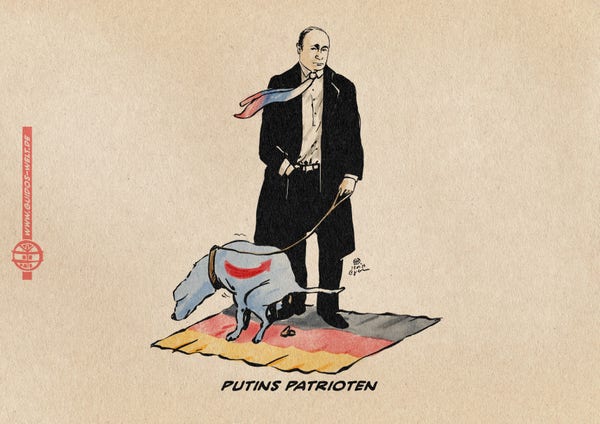 Illustration :Putin hat einen blauen, mit dem AFD Logo bemalten Hund an der Leine und lässt diesen auf die Flagge der Bundesrepublik scheißen. Textzeile: Putins Patrioten.