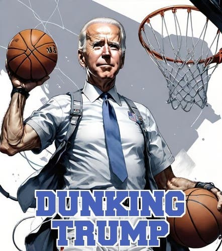 Joe Biden holding 2 basketballs with caption Dunking Trump 